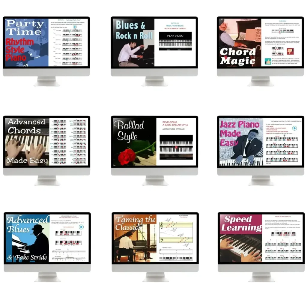 Pianoforall course materials showing the piano lesson modules