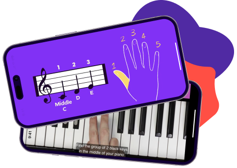 Simply Piano app lesson screen showing note names on a musical staff and on-screen finger-position guidance for a beginner exercise