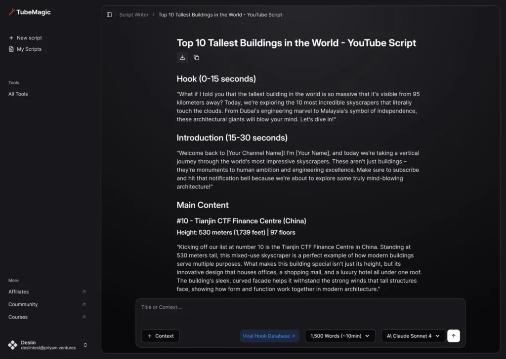 TubeMagic YouTube AI tools dashboard, showing the script writer generating a video script outline