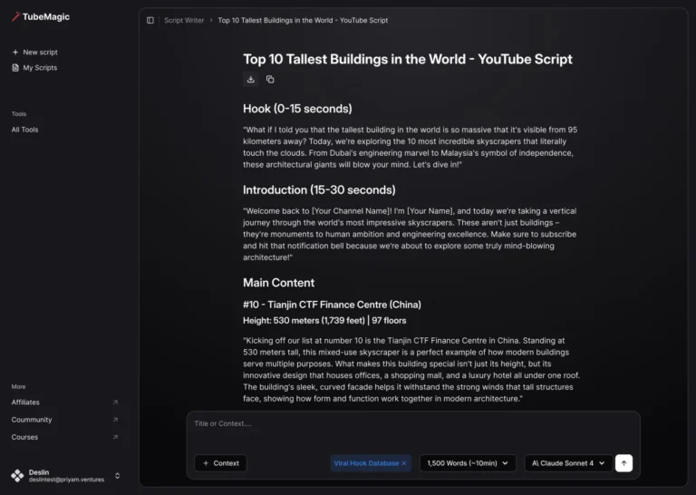 TubeMagic YouTube AI tools dashboard, showing the script writer generating a video script outline