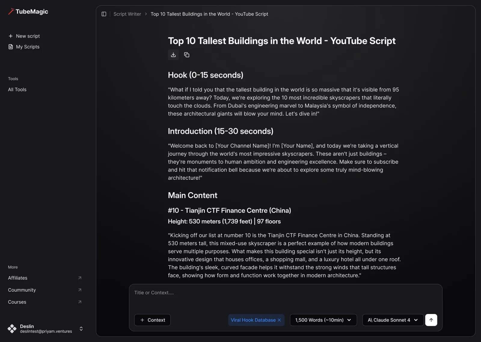 TubeMagic YouTube AI tools dashboard, showing the script writer generating a video script outline